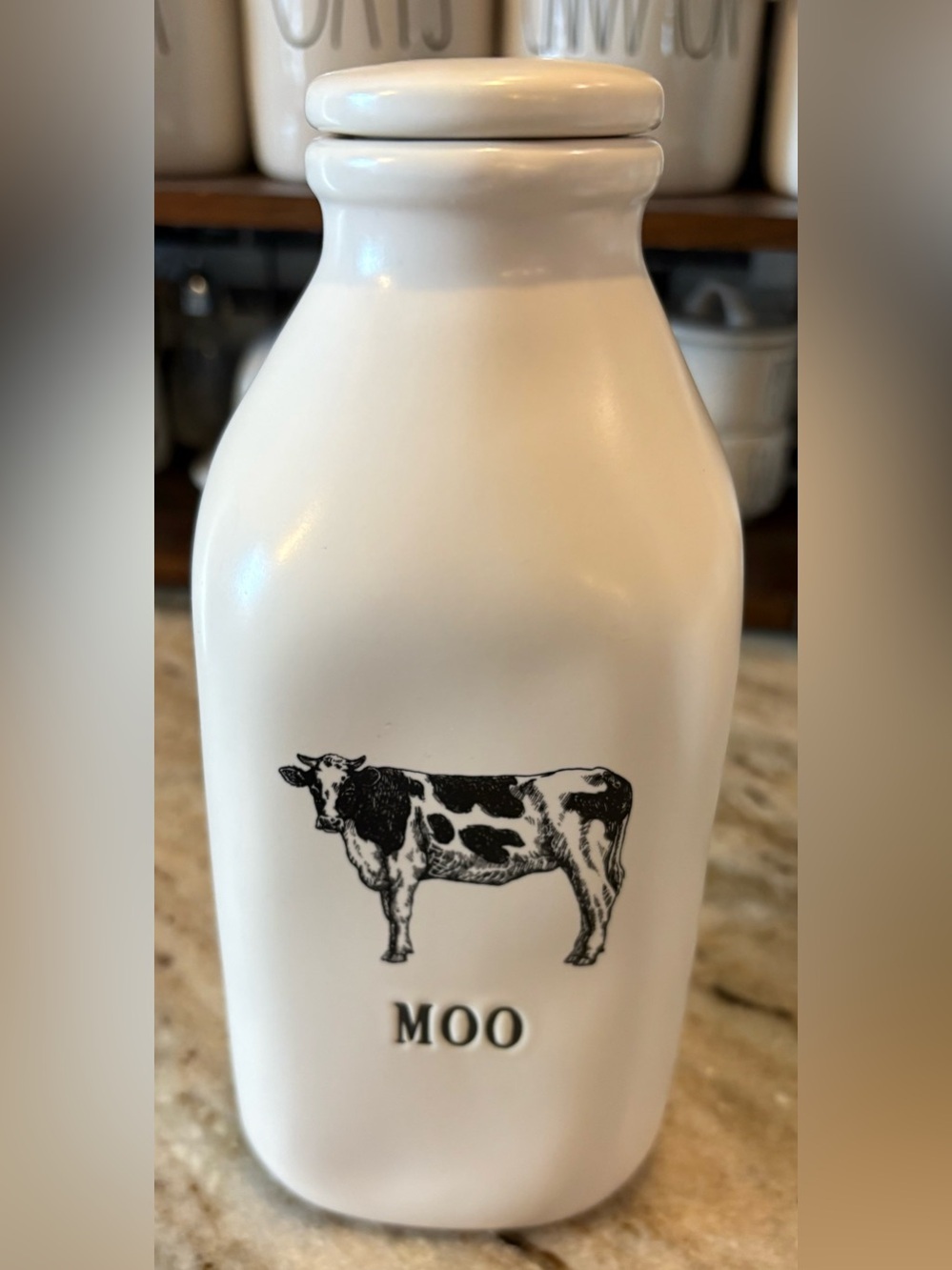 Rae Dunn White Ceramic “MOO” Milk Bottle with Black Lettering